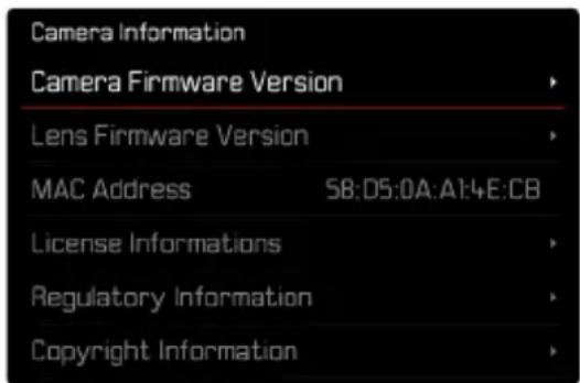 Camera Information Camera Firmware Version Lens Firmware Version MAC Address 58:05:0A:A1:E:CB License Informations Regulatory Information Copyright Information