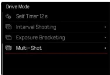 Drive Mode Self Timer 12 s Interval Shooting Exposure Bracketing Multi-Shot