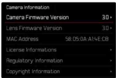 Camera Information Camera Firmware Version 30 Lens Firmware Version 30 MAC Address 58:05:0A:A1:4:E:CB License Informations Regulatory Information Copyright Information