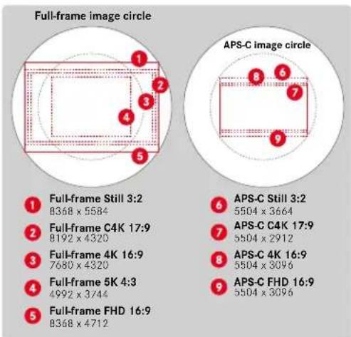 Full-frame image circle APS-C image circle 1 Full-frame Still 3:2 B368 x 5584 2 Full-frame C4K 17:9 B192 x 4320 3 Full-frame 4K 16:9 7680 x 4320 4 Full-frame 5K 4:3 4992 x 3744 5 Full-frame FHD 16:9 B368 x 4712 6 APS-C Still 3:2 5504 x 3664 7 APS-C C4K 17:9 5504 x 2912 8 APS-C 4K 16:9 5504 x 3096 9 APS-C FHD 16:9 5504 x 3096