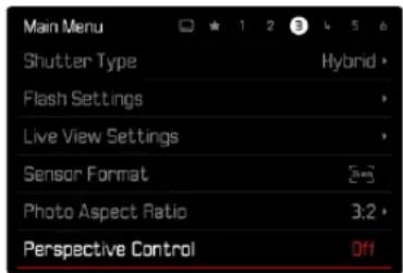 Main Menu Shutter Type Flash Settings Live View Settings Sensor Format Photo Aspect Ratio Perspective Control Hybrid 3:2 Off