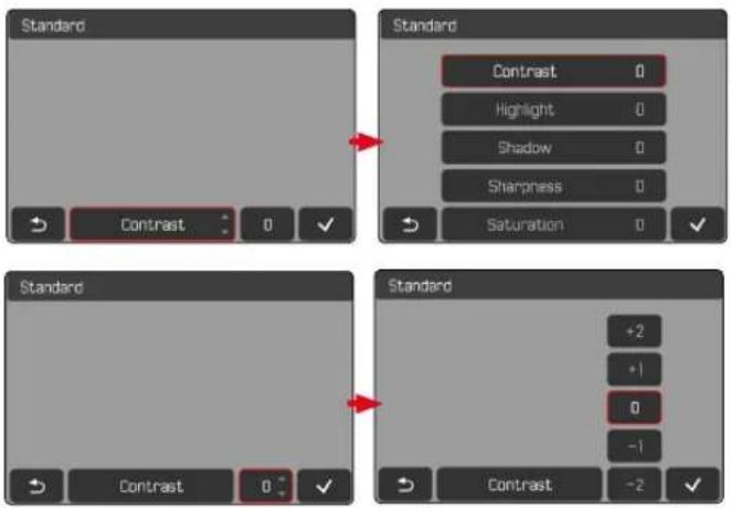 Standard Contrast 0 ✓ Standard Contrast 0 Highlight 0 Shadow 0 Sharpness 0 Saturation 0 ✓ Standard Contrast 0 ✓ Standard +2 +1 0 -1 Contrast -2 ✓