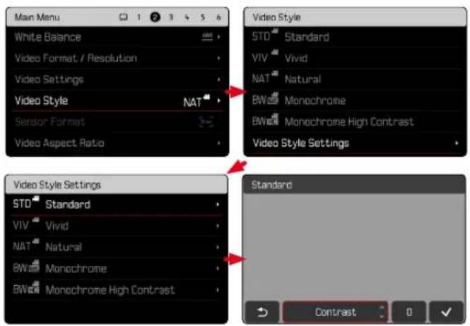 Main Menu White Balance Video Format / Resolution Video Settings Video Style Sensor Format Video Aspect Ratio Video Style STD Standard VIV Vivid NAT Natural BW Monochrome BW Monochrome High Contrast Video Style Settings Video Style Settings STD Standard VIV Vivid NAT Natural BW Monochrome BW Monochrome High Contrast Standard Contrast 0 ✓