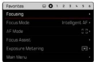 Favorites Focusing Focus Mode Intelligent AF AF Mode Focus Assist Exposure Metering Main Menu