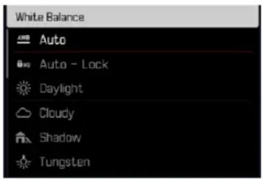 White Balance Auto Auto - Lock Daylight Cloudy Shadow Tungsten