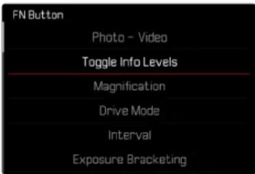 FN Button Photo - Video Toggle Info Levels Magnification Drive Mode Interval Exposure Bracketing