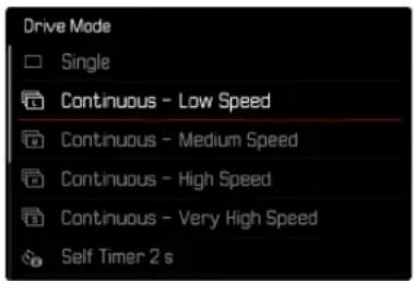 Drive Mode Single Continuous - Low Speed Continuous - Medium Speed Continuous - High Speed Continuous - Very High Speed Self Timer 2 s