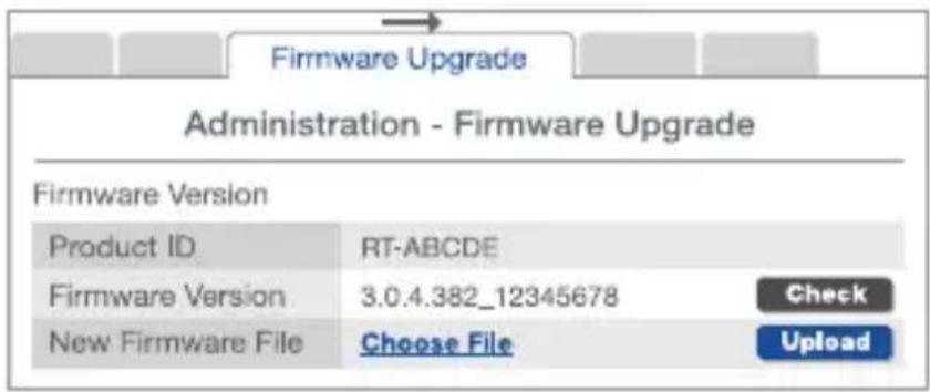Firmware Upgrade Administration - Firmware Upgrade Firmware Version Product ID RT-ABCDE Firmware Version 3.0.4.382_12345678 Check New Firmware File Choose File Upload