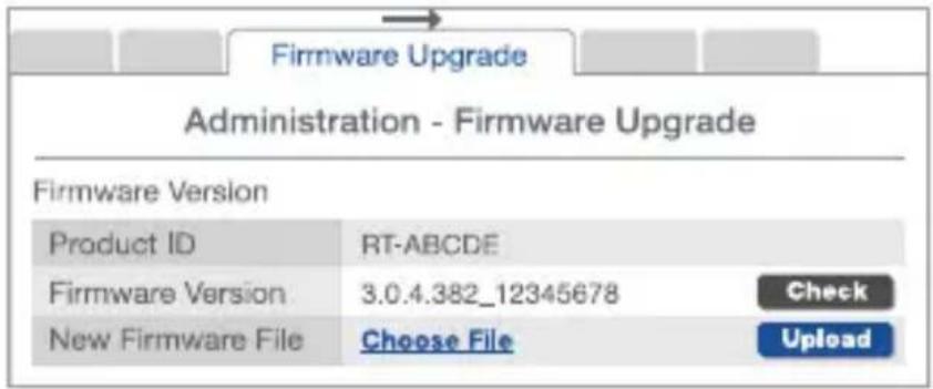 Firmware Upgrade Administration - Firmware Upgrade Firmware Version Product ID RT-ABCDE Firmware Version 3.0.4.382_12345678 Check New Firmware File Choose File Upload