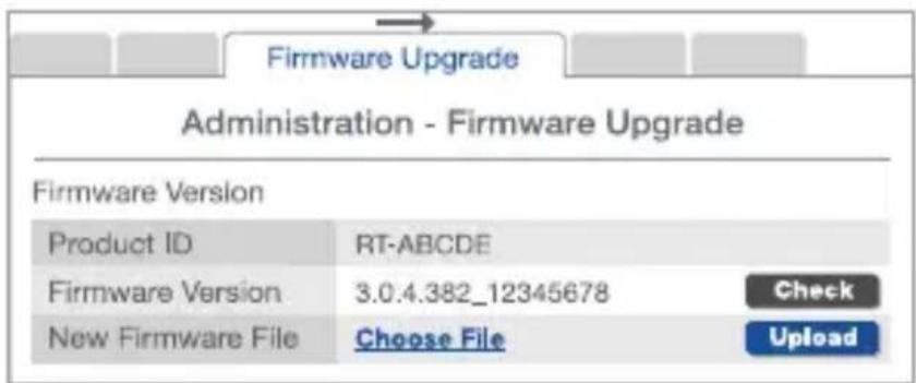 Firmware Upgrade Administration - Firmware Upgrade Firmware Version Product ID RT-ABCDE Firmware Version 3.0.4.382_12345678 Check New Firmware File Choose File Upload