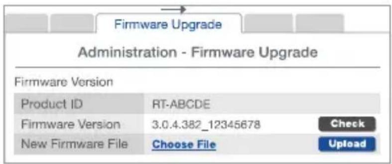 Firmware Upgrade Administration - Firmware Upgrade Firmware Version Product ID RT-ABCDE Firmware Version 3.0.4.382_12345678 Check New Firmware File Choose File Upload