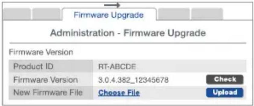 Firmware Upgrade Administration - Firmware Upgrade Firmware Version Product ID RT-ABCDE Firmware Version 3.0.4.382_12345678 Check New Firmware File Choose File Upload