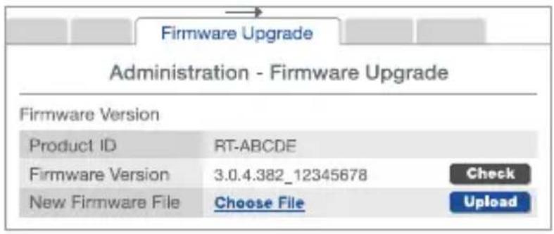 Firmware Upgrade Administration - Firmware Upgrade Firmware Version Product ID RT-ABCDE Firmware Version 3.0.4.382_12345678 Check New Firmware File Choose File Upload