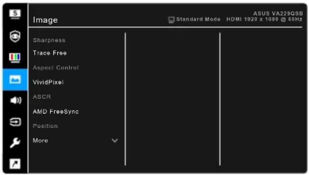 Image Sharpness Trace Free Aspect Control VividPixel ASCR AMD FreeSync Position More ASUS VA220QSB Standard Mode HDMI 1920 x 1080 @ 60Hz
