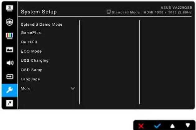 System Setup ASUS VA229QSB Standard Mode HDMI 1920 x 1088 @ 60Hz Splendid Demo Mode GamePlus QuickFill ECO Mode USB Charging OSD Setup Language More