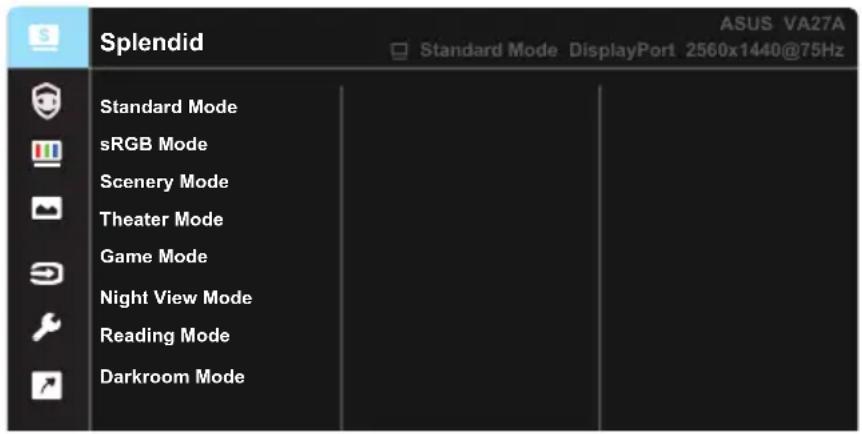 Splendid ASUS VA27A Standard Mode DisplayPort 2560x1440@75Hz Standard Mode sRGB Mode Scenery Mode Theater Mode Game Mode Night View Mode Reading Mode Darkroom Mode