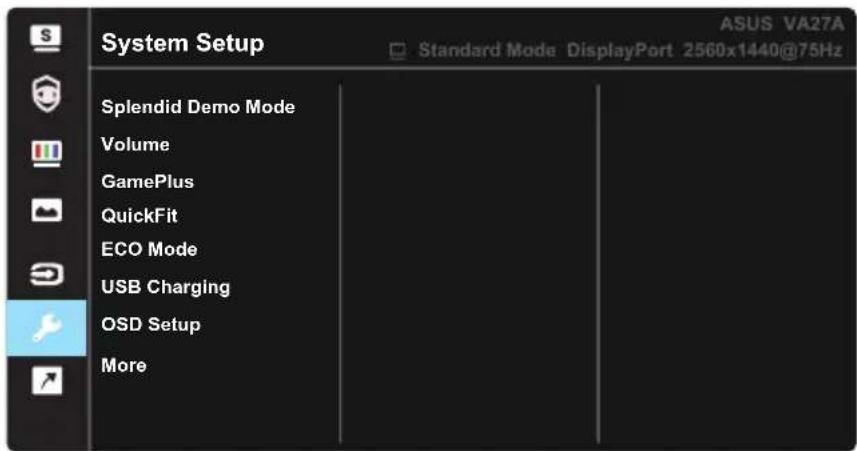 System Setup ASUS VA27A Standard Mode DisplayPort 2560x1440@75Hz Splendid Demo Mode Volume GamePlus QuickFit ECO Mode USB Charging OSD Setup More