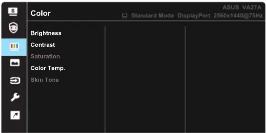 Color ASUS VA27A Standard Mode DisplayPort 2560x1440@75Hz Brightness Contrast Saturation Color Temp. Skin Tone