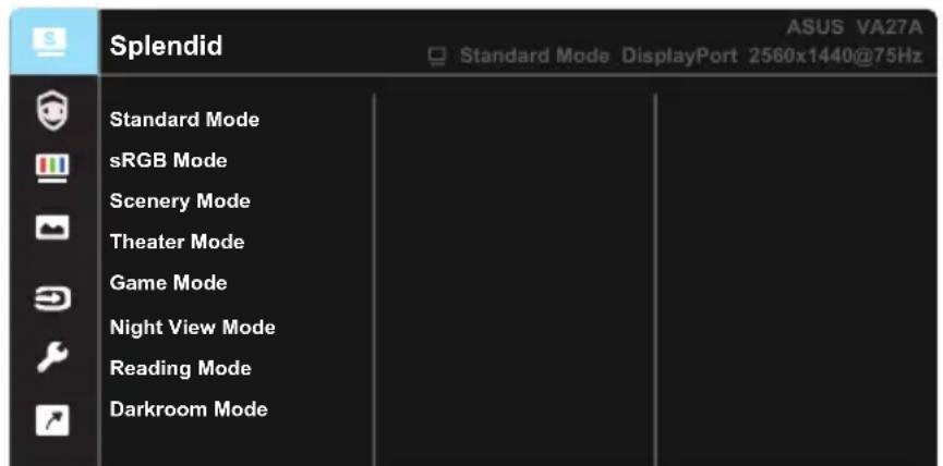 Splendid ASUS VA27A Standard Mode DisplayPort 2560x1440@75Hz Standard Mode sRGB Mode Scenery Mode Theater Mode Game Mode Night View Mode Reading Mode Darkroom Mode