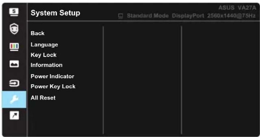 System Setup Back Language Key Lock Information Power Indicator Power Key Lock All Reset ASUS VA27A Standard Mode DisplayPort 2560x1440@75Hz