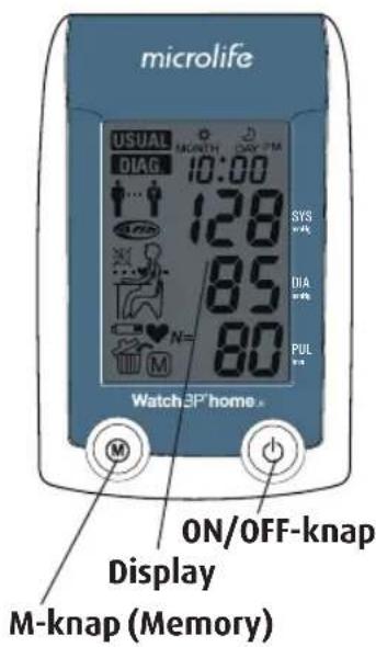 microlife USUAL MONTH DAY PM DIAG 10:00 128 85 N= 80 SYS DIA PUL Watch 3P home ON/OFF-knap Display M-knap (Memory)