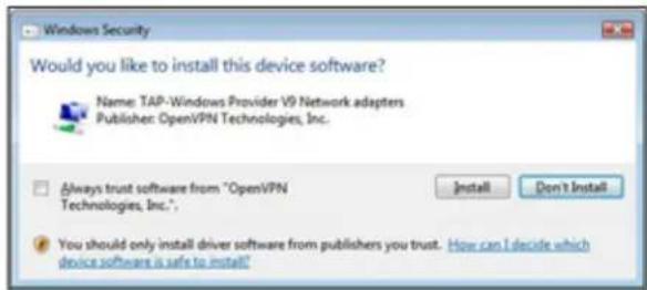 Windows Security Would you like to install this device software? Name: TAP-Windows Provider V9 Network adapters Publisher: OpenVPN Technologies, Inc. Always trust software from "OpenVPN Technologies, Inc.", You should only install driver software from publishers you trust. How can I decide which device software is safe to install!