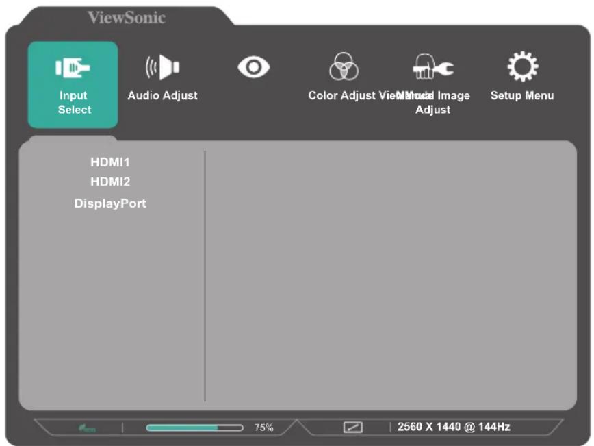 ViewSonic Input Select Audio Adjust Color Adjust View Model Image Adjust Setup Menu HDMI1 HDMI2 DisplayPort 75% 2560 X 1440 @ 144Hz