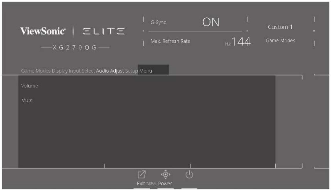 ViewSonic | ELITE XG270QG G-Sync ON Max. Refresh Rate Hz 144 Custom 1 Game Modes Display Input Select Audio Adjust Setup Menu Volume Mute Exit Navi. Power