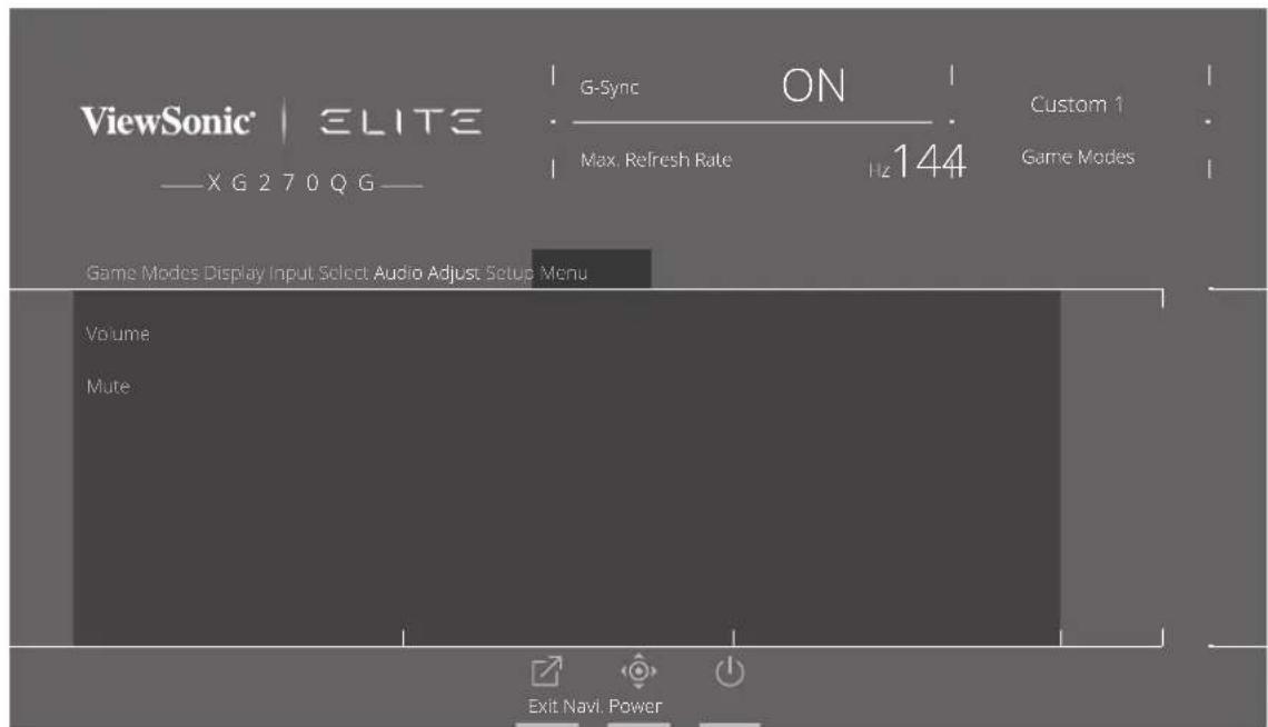 ViewSonic | ELITE XG 270 QG G-Sync ON Max. Refresh Rate Hz 144 Custom 1 Game Modes Game Modes Display Input Select Audio Adjust Setup Menu Volume Mute Exit Navi. Power