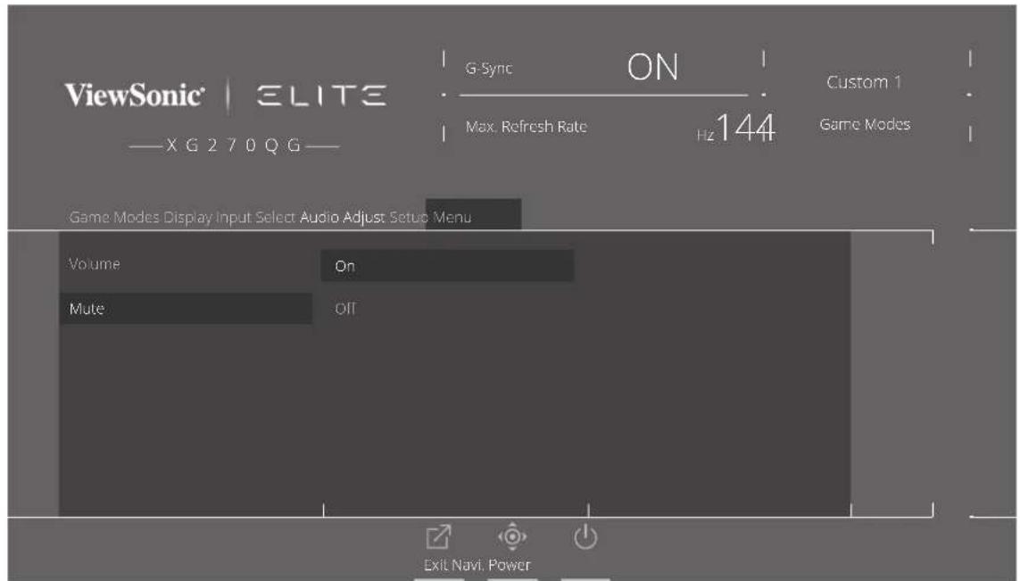 ViewSonic | ELITE XG 270 QG G-Sync ON Max. Refresh Rate Hz 144 Custom 1 Game Modes Game Modes Display Input Select Audio Adjust Setup Menu Volume On Mute Off Exit Navi. Power