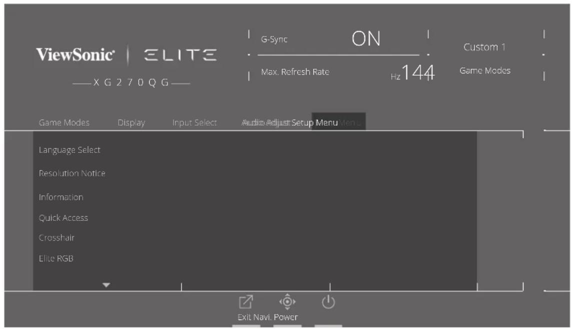 ViewSonic | ELITE X G 2 7 0 Q G G-Sync ON Max. Refresh Rate Hz 144 Custom 1 Game Modes Game Modes Display Input Select Audio Adjust Setup Menu Language Select Resolution Notice Information Quick Access Crosshair Elite RGB Exit Navi. Power