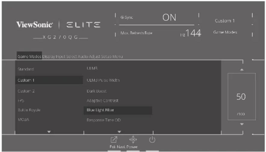 ViewSonic | ELITE X G 2 / 0 QG G Sync ON Max. Refresh Rate Hz 144 Custom 1 Game Modes Game Modes Display Input Select Audio Adjust Setup Menu Standard ULMB Custom 1 ULMB Pulse Width Custom 2 Dark Boost FPS Adaptive Contrast Bullie Royale Blue Light Filter MCBA Response Time OD 50 +100 Exit Navi. Power