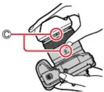 Diagram showing hands using a handheld device to adjust or install a device, with labeled parts and red circles highlighting specific positions.