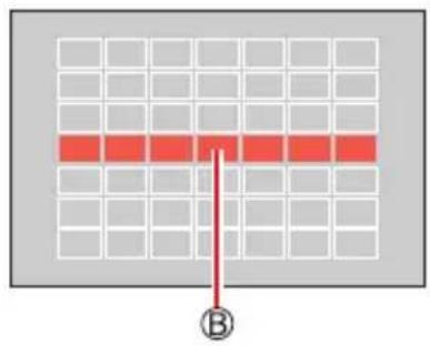 Diagram showing a grid with red horizontal bands and a downward arrow labeled 'B' pointing to the bottom-left corner.