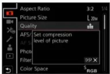 Aspect Ratio 3:2 1/4 Picture Size L 20m Quality AFS/ Set compression AFS/ level of picture Photo Filter DSP Color Space RGB