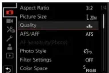 Aspect Ratio 3:2 1/4 Picture Size L 20M Quality AFS/AFF AFS AF Sensitivity(Photo) Photo Style S70. Filter Settings OFF Color Space SRGB