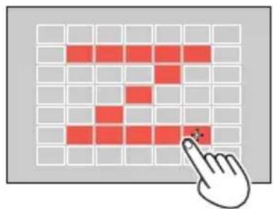 Pixel art grid with red squares and a pointing hand, resembling a UI element for pixelation or selection.