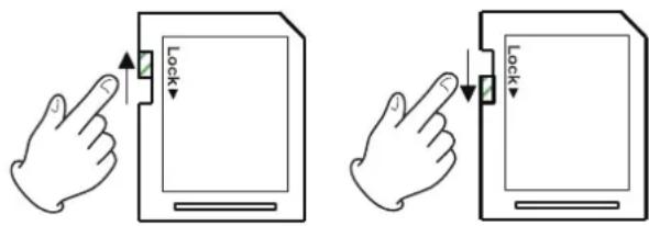 Diagram showing two hand gestures interacting with a device, one pointing to a lock button and the other pressing a lock button.