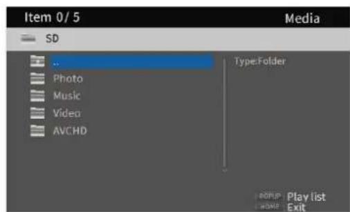 Item 0/5 Media SD Photo Music Video AVCHD TypeFolder Play list Exit