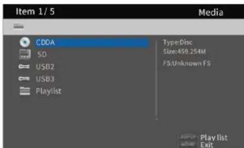 Item 1/5 Media CDDA SD USB2 USB3 Playlist Type:Disc Size:459.254M FS:Unknown FS Play list Exit