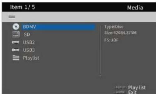 Item 1/5 Media BDMV SD USB2 USB3 Playlist Type:Disc Size:42084.375M FS:UDF Play list Exit
