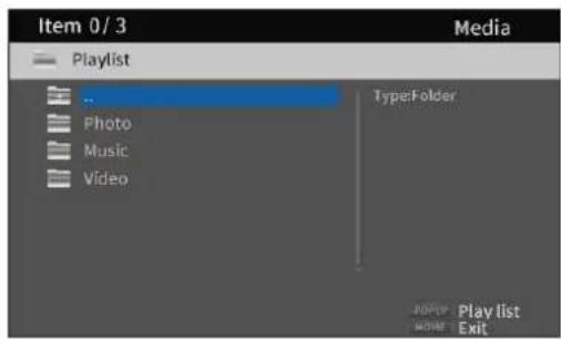Item 0/3 Media Playlist .. Type:Folder Photo Music Video JOPPER Play list MOORE Exit