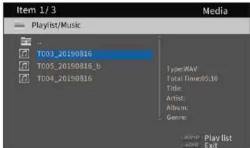 Item 1/3 Media ---- Playlist/Music T003_20190816 T005_20190816_b T004_20190816 Type: WAV Total Time: 05:10 Title: Artist: Album: Genre: Play list Exit