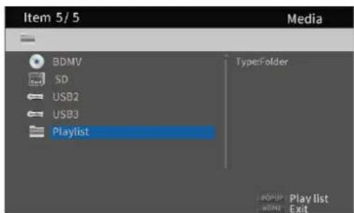 Item 5/5 Media BDMV SD USB2 USB3 Playlist TypeFolder Play list Exit