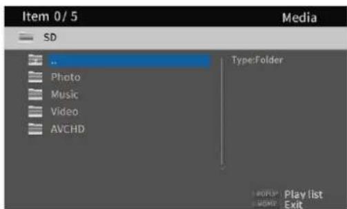Item 0/5 Media SD Photo Music Video AVCHD TypeFolder OFF: HOLD: Play list Exit