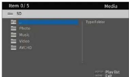 Item 0/5 Media SD Photo Music Video AVCHD Type:Folder Play list Home Exit