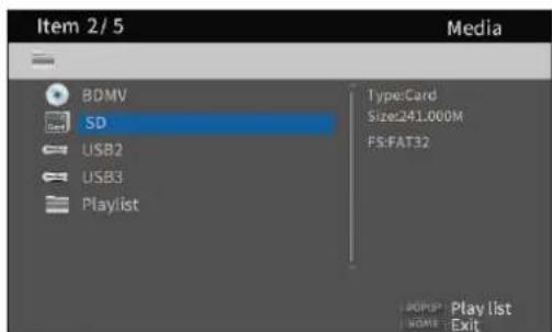 Item 2/5 Media BDMV SD USB2 USB3 Playlist Type:Card Size:241.000M FS:FAT32 Play list Exit