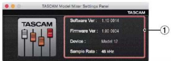 TASCAM Model Mixer Settings Panel TASCAM Software Ver : 1.10 0014 Firmware Ver : 1.00 0034 Device : Model 12 Sample Rate : 48 kHz