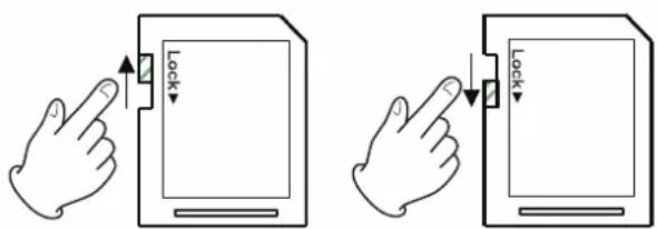 Diagram showing two hand gestures interacting with a device, one pointing to a lock button and the other pressing a lock button.
