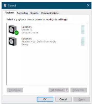 Sound Playback Recording Sounds Communications Select a playback device below to modify its settings: Speakers Model 12 Default Device Speakers Reather High Definition Audio Ready Configure Set Details Options OK Cancel Apply